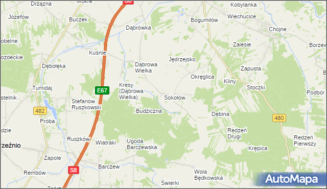 mapa Sokołów gmina Sieradz, Sokołów gmina Sieradz na mapie Targeo