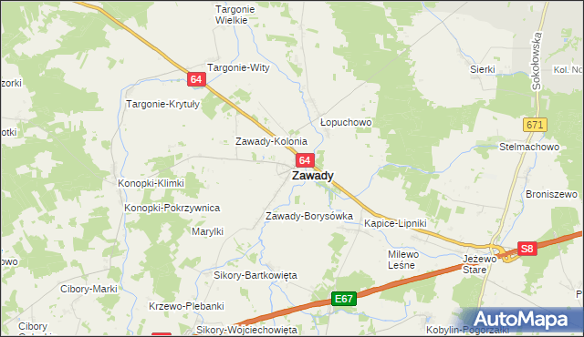 mapa Zawady powiat białostocki, Zawady powiat białostocki na mapie Targeo