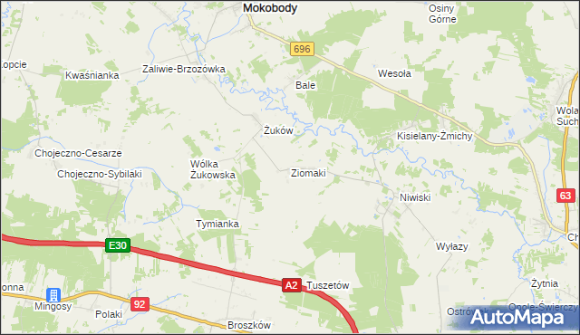 mapa Ziomaki gmina Mokobody, Ziomaki gmina Mokobody na mapie Targeo