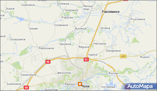 mapa Regulice gmina Nysa, Regulice gmina Nysa na mapie Targeo