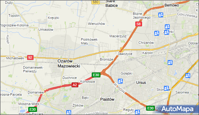 mapa Bronisze gmina Ożarów Mazowiecki, Bronisze gmina Ożarów Mazowiecki na mapie Targeo