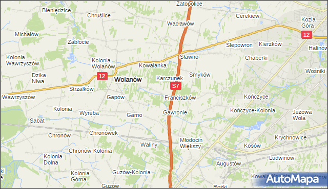 mapa Franciszków gmina Wolanów, Franciszków gmina Wolanów na mapie Targeo