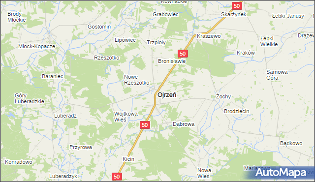 mapa Ojrzeń powiat ciechanowski, Ojrzeń powiat ciechanowski na mapie Targeo