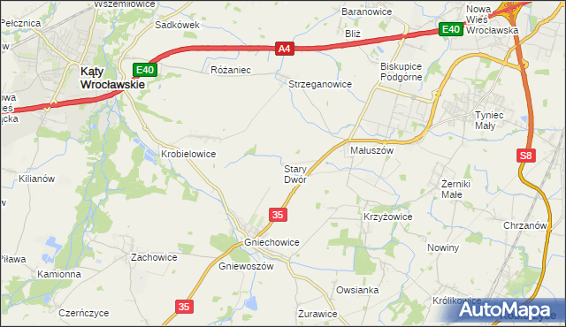 mapa Stary Dwór gmina Kąty Wrocławskie, Stary Dwór gmina Kąty Wrocławskie na mapie Targeo