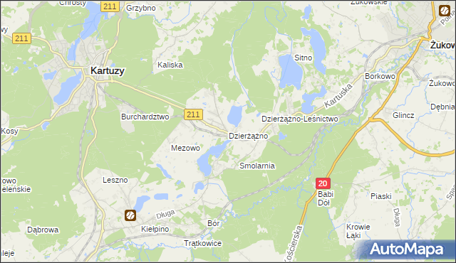 mapa Dzierżążno gmina Kartuzy, Dzierżążno gmina Kartuzy na mapie Targeo