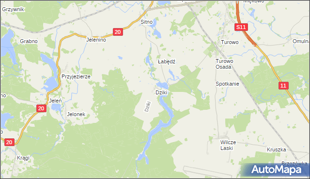 mapa Dziki gmina Szczecinek, Dziki gmina Szczecinek na mapie Targeo