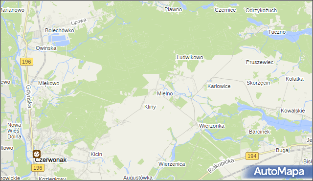 mapa Mielno gmina Czerwonak, Mielno gmina Czerwonak na mapie Targeo