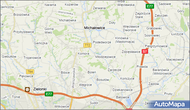 mapa Młodziejowice gmina Michałowice, Młodziejowice gmina Michałowice na mapie Targeo