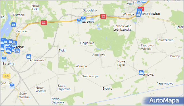 mapa Adolfowo gmina Rakoniewice, Adolfowo gmina Rakoniewice na mapie Targeo