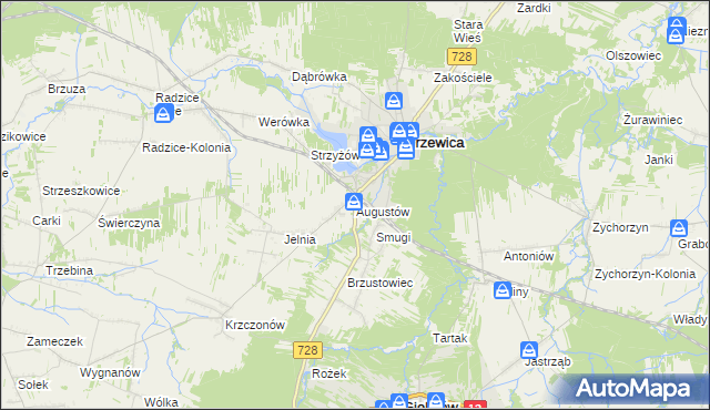 mapa Augustów gmina Drzewica, Augustów gmina Drzewica na mapie Targeo
