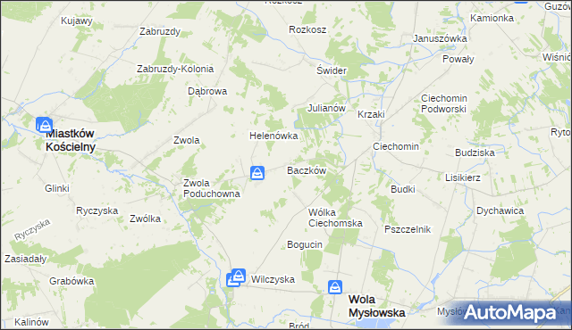 mapa Baczków gmina Wola Mysłowska, Baczków gmina Wola Mysłowska na mapie Targeo