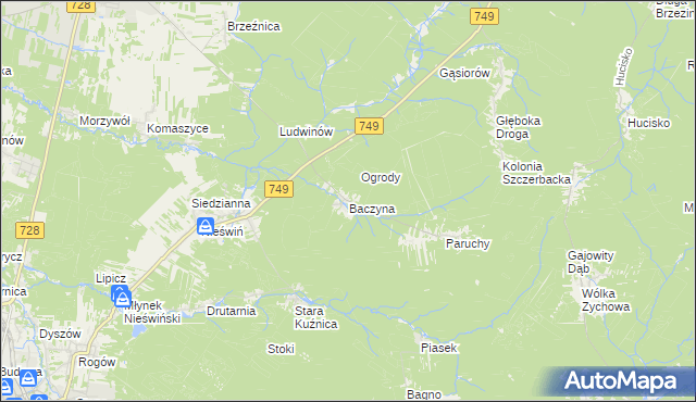 mapa Baczyna gmina Końskie, Baczyna gmina Końskie na mapie Targeo