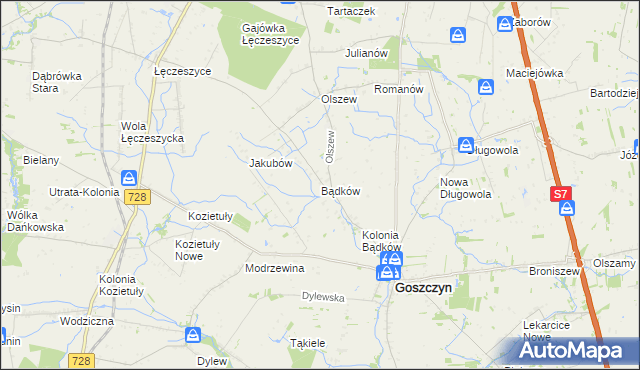 mapa Bądków gmina Goszczyn, Bądków gmina Goszczyn na mapie Targeo