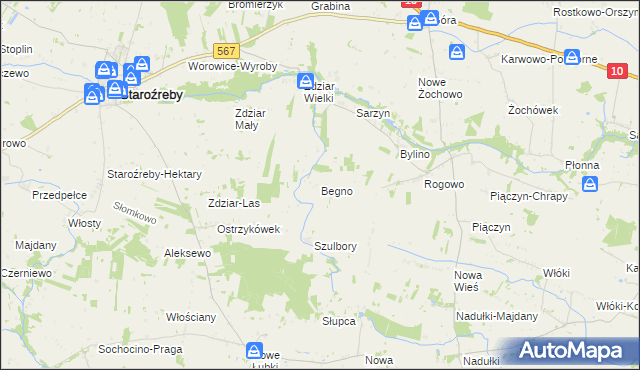 mapa Begno gmina Staroźreby, Begno gmina Staroźreby na mapie Targeo