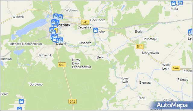 mapa Bełk gmina Lidzbark, Bełk gmina Lidzbark na mapie Targeo
