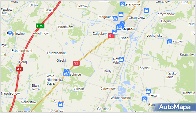 mapa Białocin gmina Rozprza, Białocin gmina Rozprza na mapie Targeo