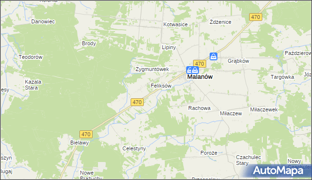 mapa Bielawy gmina Malanów, Bielawy gmina Malanów na mapie Targeo
