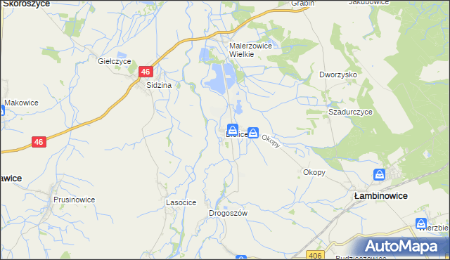 mapa Bielice gmina Łambinowice, Bielice gmina Łambinowice na mapie Targeo