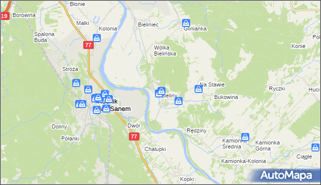 mapa Bieliny gmina Ulanów, Bieliny gmina Ulanów na mapie Targeo