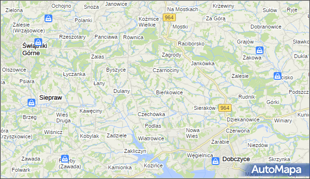 mapa Bieńkowice gmina Dobczyce, Bieńkowice gmina Dobczyce na mapie Targeo