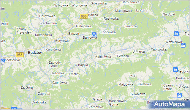 mapa Bieńkówka gmina Budzów, Bieńkówka gmina Budzów na mapie Targeo