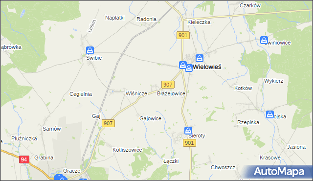 mapa Błażejowice gmina Wielowieś, Błażejowice gmina Wielowieś na mapie Targeo