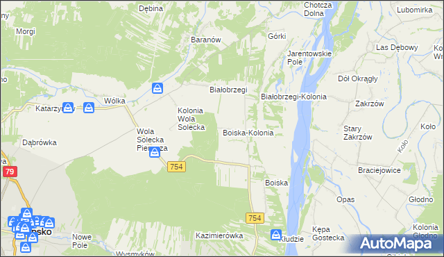 mapa Boiska-Kolonia gmina Solec nad Wisłą, Boiska-Kolonia gmina Solec nad Wisłą na mapie Targeo