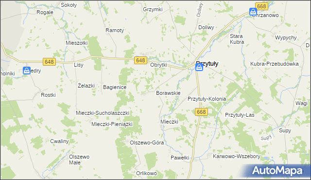 mapa Borawskie gmina Przytuły, Borawskie gmina Przytuły na mapie Targeo