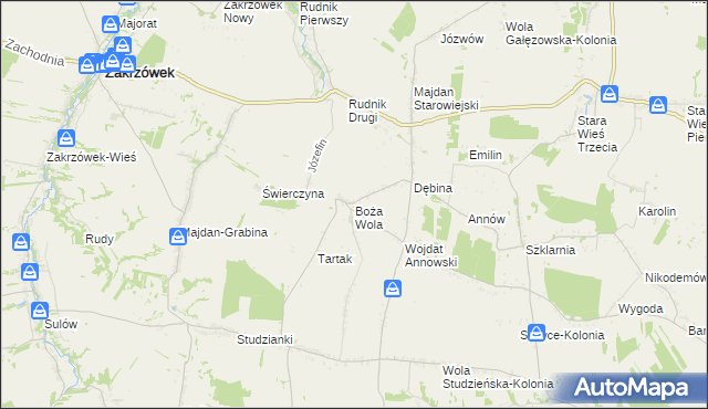 mapa Boża Wola gmina Zakrzew, Boża Wola gmina Zakrzew na mapie Targeo