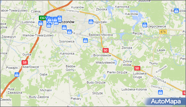 mapa Bronisławów gmina Mszczonów, Bronisławów gmina Mszczonów na mapie Targeo
