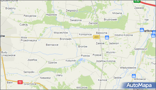 mapa Bronów gmina Wartkowice, Bronów gmina Wartkowice na mapie Targeo