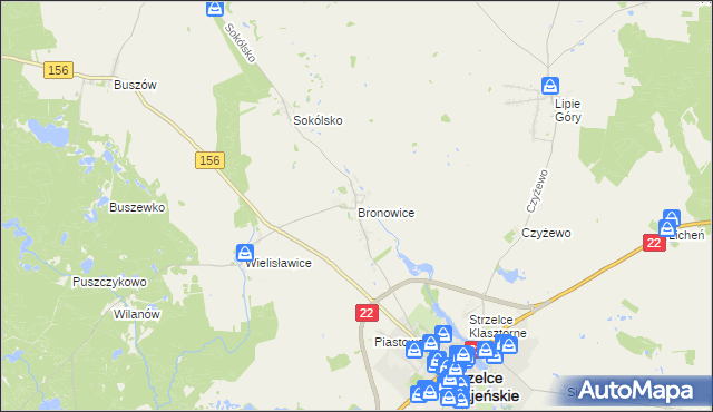 mapa Bronowice gmina Strzelce Krajeńskie, Bronowice gmina Strzelce Krajeńskie na mapie Targeo