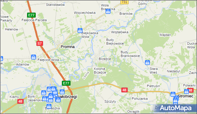 mapa Brzeźce gmina Białobrzegi, Brzeźce gmina Białobrzegi na mapie Targeo
