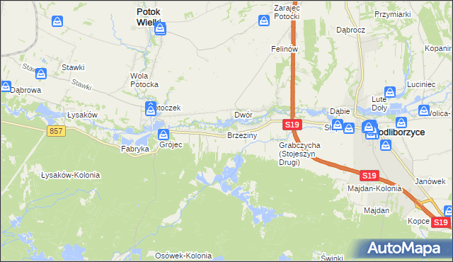 mapa Brzeziny gmina Modliborzyce, Brzeziny gmina Modliborzyce na mapie Targeo