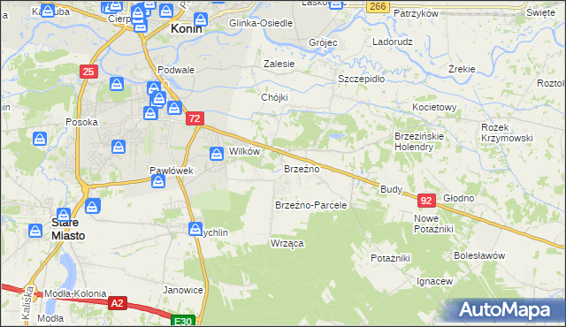 mapa Brzeźno gmina Krzymów, Brzeźno gmina Krzymów na mapie Targeo