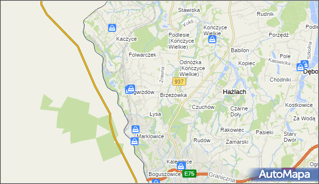 mapa Brzezówka gmina Hażlach, Brzezówka gmina Hażlach na mapie Targeo