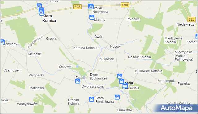 mapa Bukowice gmina Leśna Podlaska, Bukowice gmina Leśna Podlaska na mapie Targeo