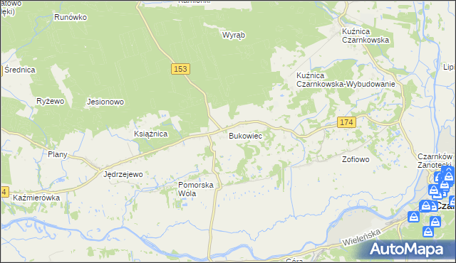mapa Bukowiec gmina Czarnków, Bukowiec gmina Czarnków na mapie Targeo