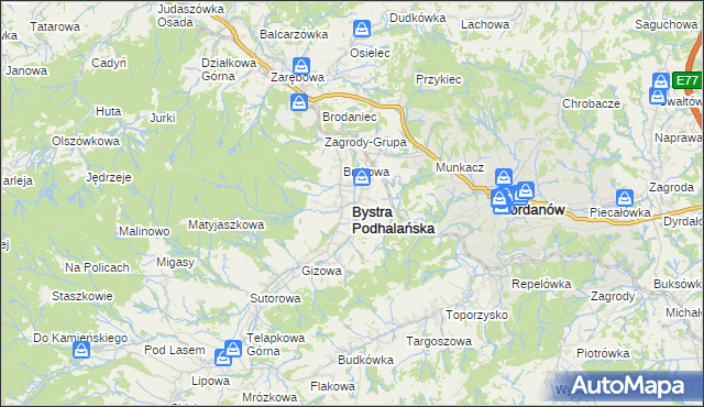 mapa Bystra Podhalańska, Bystra Podhalańska na mapie Targeo