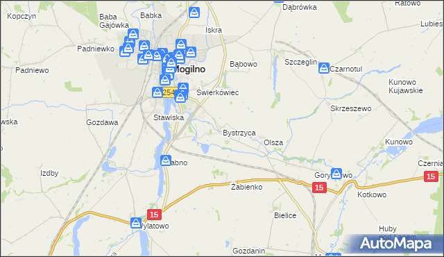 mapa Bystrzyca gmina Mogilno, Bystrzyca gmina Mogilno na mapie Targeo