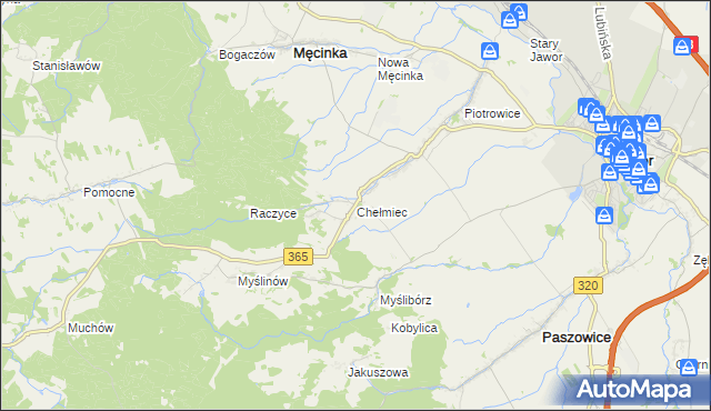 mapa Chełmiec gmina Męcinka, Chełmiec gmina Męcinka na mapie Targeo