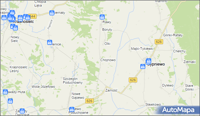 mapa Chojnowo gmina Sypniewo, Chojnowo gmina Sypniewo na mapie Targeo