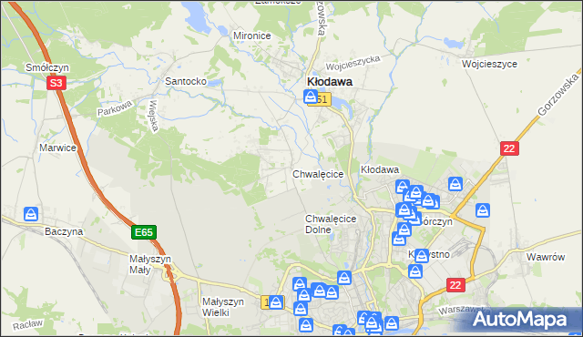 mapa Chwalęcice gmina Kłodawa, Chwalęcice gmina Kłodawa na mapie Targeo