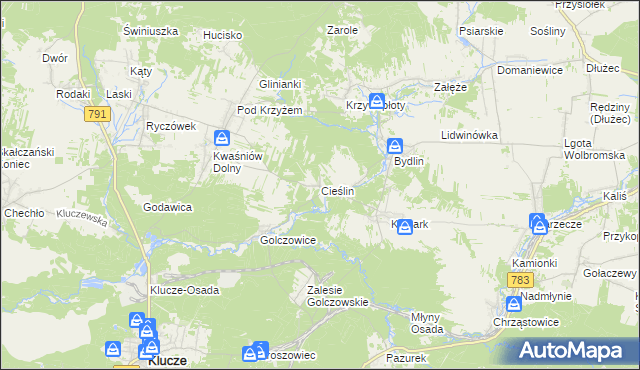 mapa Cieślin gmina Klucze, Cieślin gmina Klucze na mapie Targeo