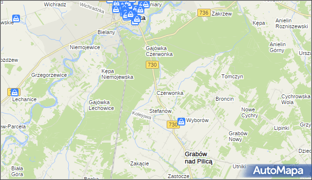 mapa Czerwonka gmina Grabów nad Pilicą, Czerwonka gmina Grabów nad Pilicą na mapie Targeo