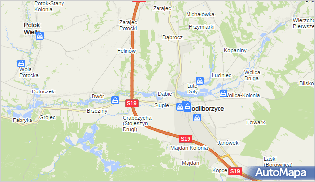 mapa Dąbie gmina Modliborzyce, Dąbie gmina Modliborzyce na mapie Targeo