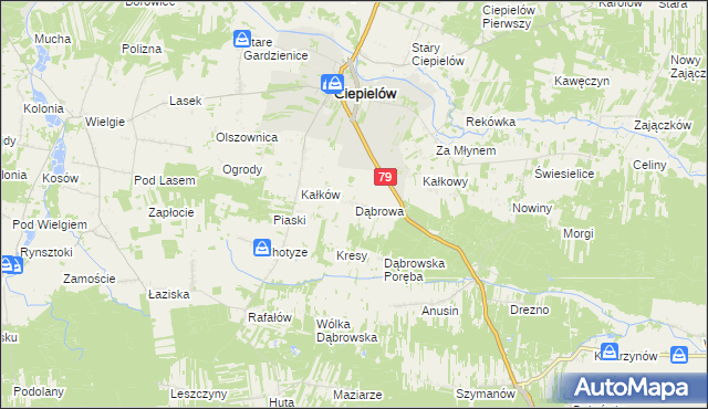 mapa Dąbrowa gmina Ciepielów, Dąbrowa gmina Ciepielów na mapie Targeo