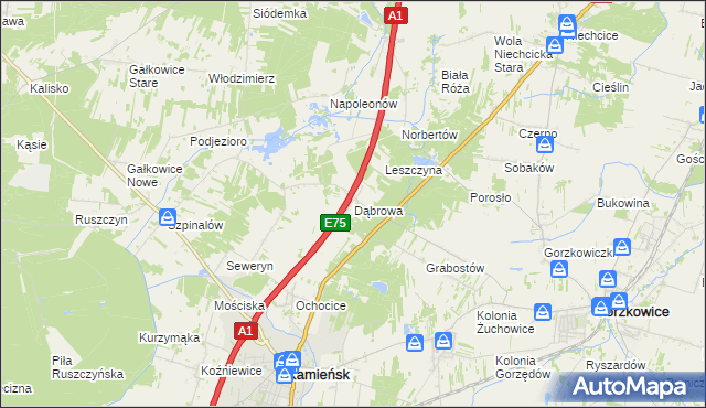 mapa Dąbrowa gmina Kamieńsk, Dąbrowa gmina Kamieńsk na mapie Targeo