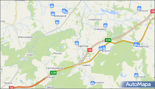 mapa Dąbrowa gmina Sianów, Dąbrowa gmina Sianów na mapie Targeo