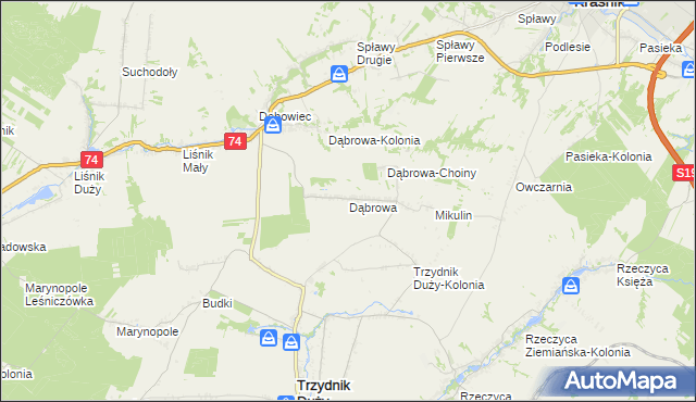 mapa Dąbrowa gmina Trzydnik Duży, Dąbrowa gmina Trzydnik Duży na mapie Targeo